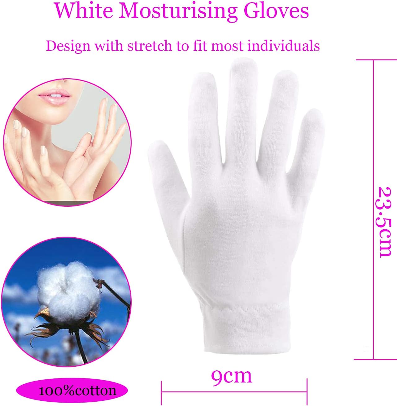 6 Pairs 100% Cotton White Gloves Dermatological Overnight Moisturizing Eczema UK