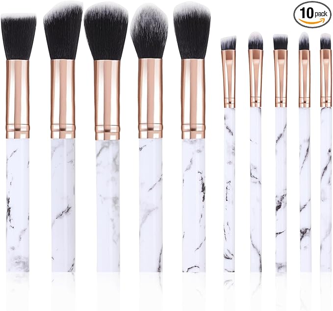 Makeup Brushes 10Pcs Marble Make Up Brushes Set - Includes Foundation, Blusher, Powder, Blending, Eyeshadow and Concealer Brushes, Gift for Women Girls (Black)