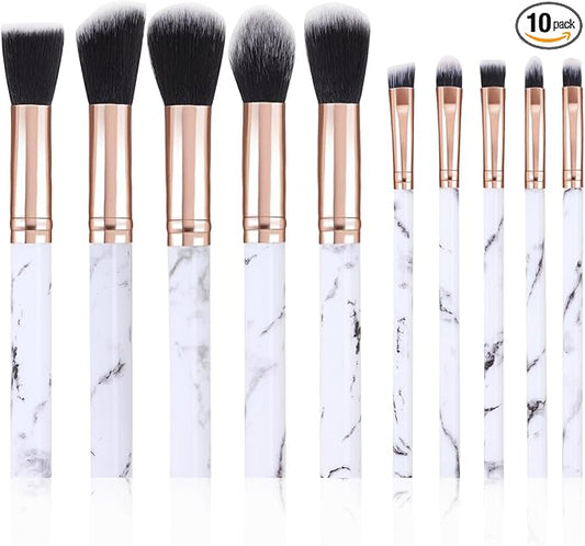 Makeup Brushes 10Pcs Marble Make Up Brushes Set - Includes Foundation, Blusher, Powder, Blending, Eyeshadow and Concealer Brushes, Gift for Women Girls (Black)