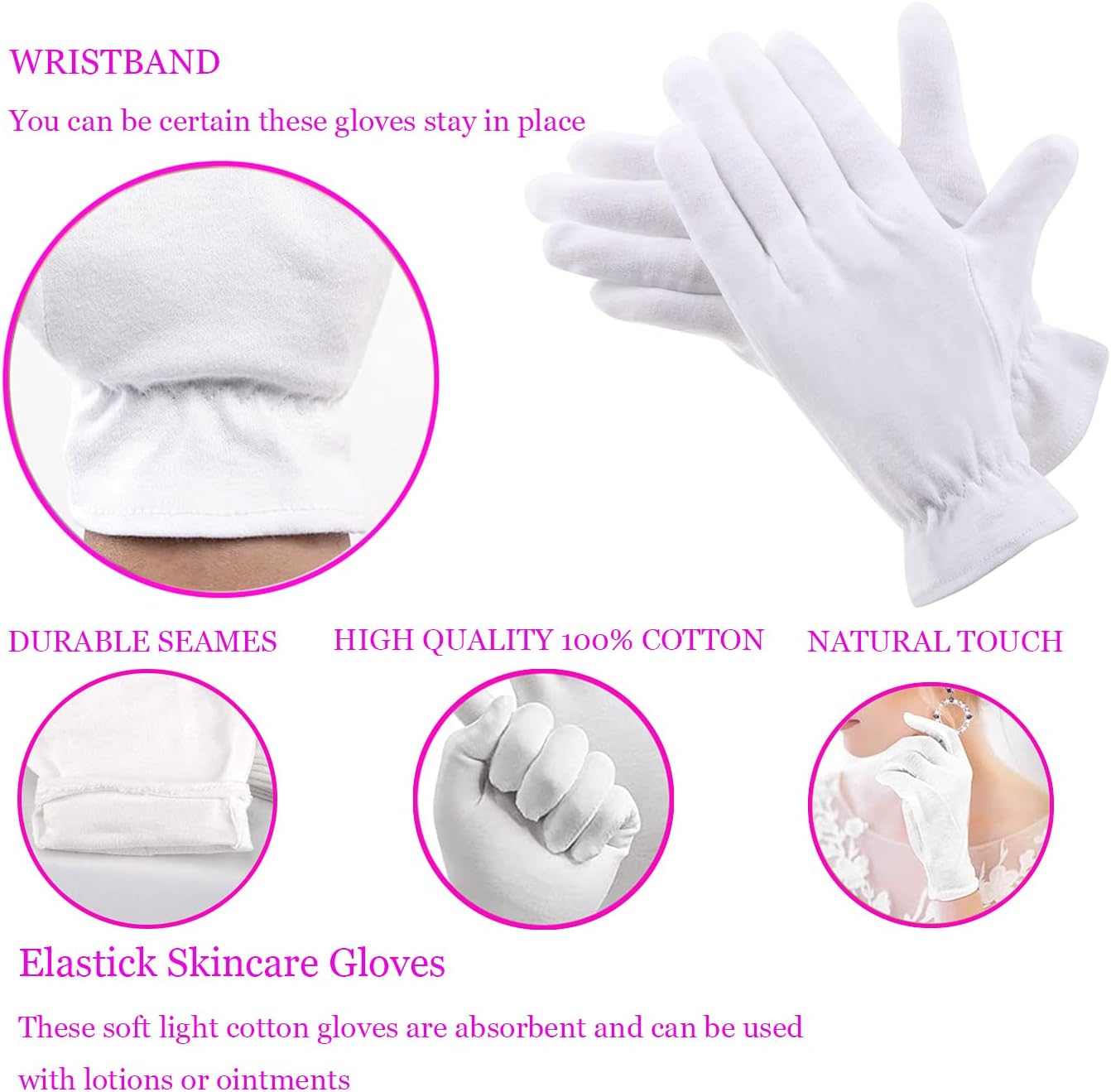 6 Pairs 100% Cotton White Gloves Dermatological Overnight Moisturizing Eczema UK