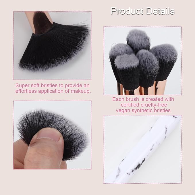 Makeup Brushes 10Pcs Marble Make Up Brushes Set - Includes Foundation, Blusher, Powder, Blending, Eyeshadow and Concealer Brushes, Gift for Women Girls (Black)