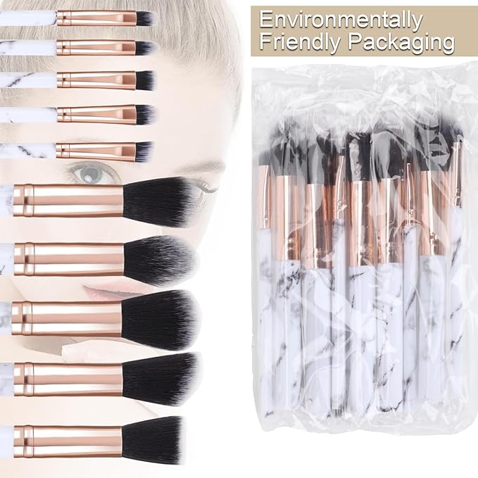 Makeup Brushes 10Pcs Marble Make Up Brushes Set - Includes Foundation, Blusher, Powder, Blending, Eyeshadow and Concealer Brushes, Gift for Women Girls (Black)