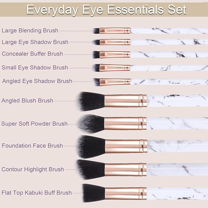 Makeup Brushes 10Pcs Marble Make Up Brushes Set - Includes Foundation, Blusher, Powder, Blending, Eyeshadow and Concealer Brushes, Gift for Women Girls (Black)
