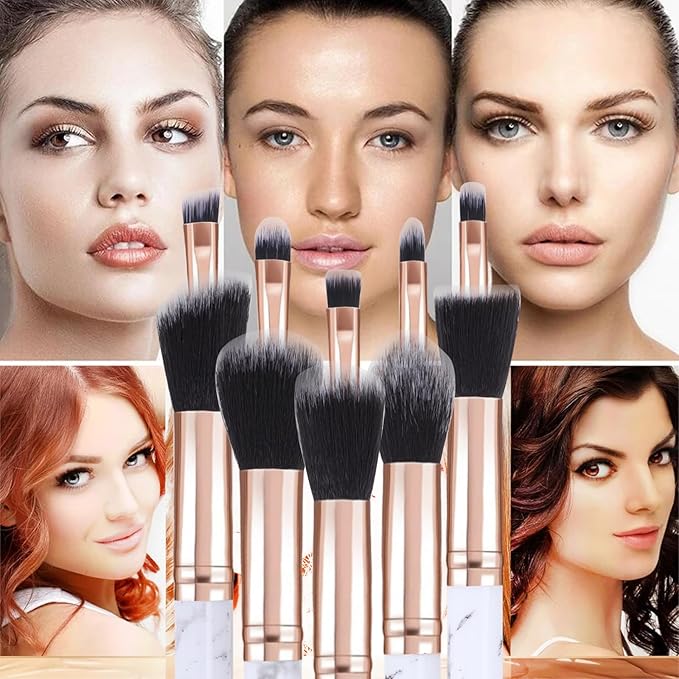 Makeup Brushes 10Pcs Marble Make Up Brushes Set - Includes Foundation, Blusher, Powder, Blending, Eyeshadow and Concealer Brushes, Gift for Women Girls (Black)