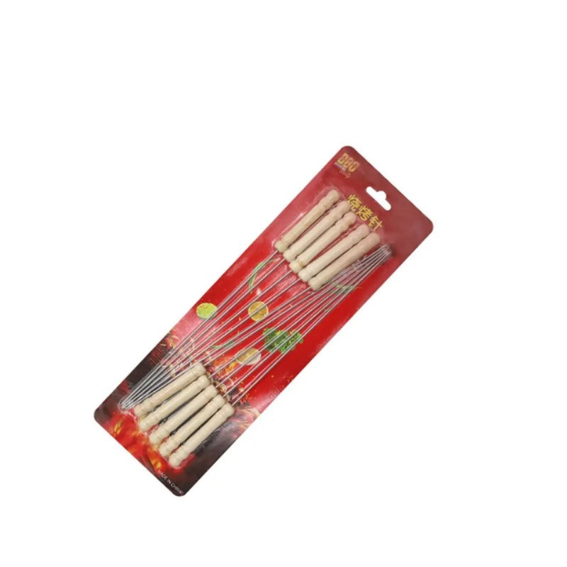 12pcs Metal BBQ Kebab Skewer Sticks Wooden Handle 30 cm