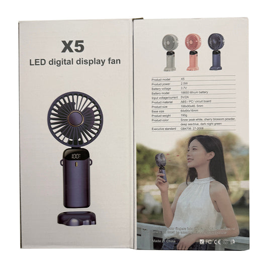 USB Rechargeable Mini Hand-held Fan Portable Folding Desk Fan with LED Display 18.8 x 9 x 4.65 cm - Blue