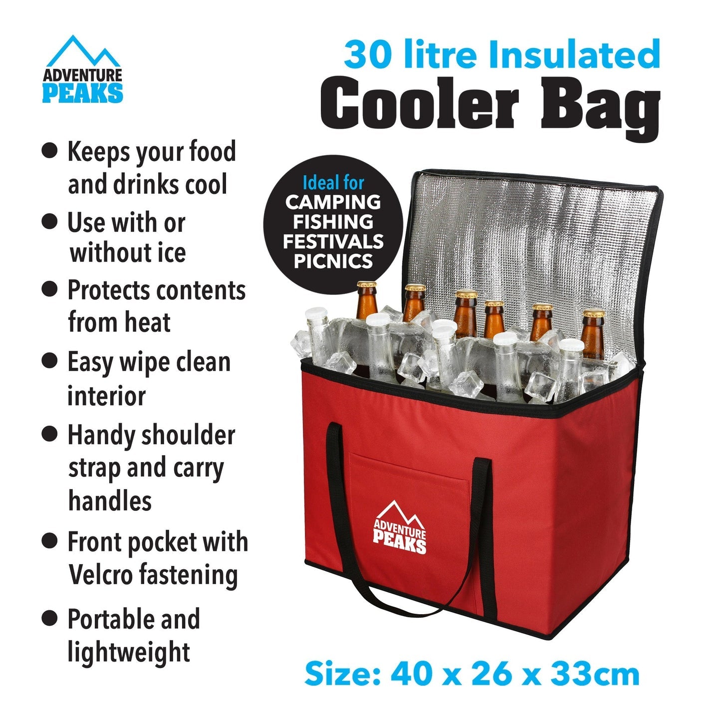 30L Camping Insulated Cooler Bag 40 x 26 x 33cm Red
