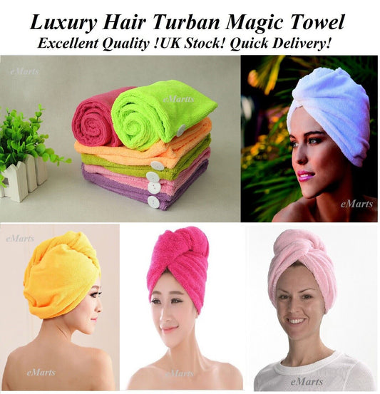 Luxury Hair Turban Towel, Head Wrap Towel, Hair Drying Towel with Loop and Button Fastener, Luxury Absorbent and Lightweight Cotton, Multiple Colours, 64 x 23cm - Slate