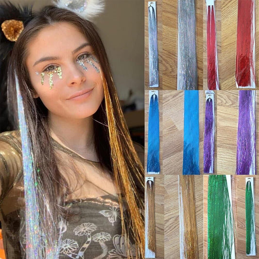 250 Stands Strands Holographic Sparkle Hair Tinsel Extensions all colors Dazzles