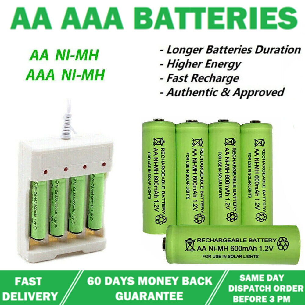 AA AAA Rechargeable Solar Light Batteries 600mAh 400mAh 300mAh NiMH 1.2V UK