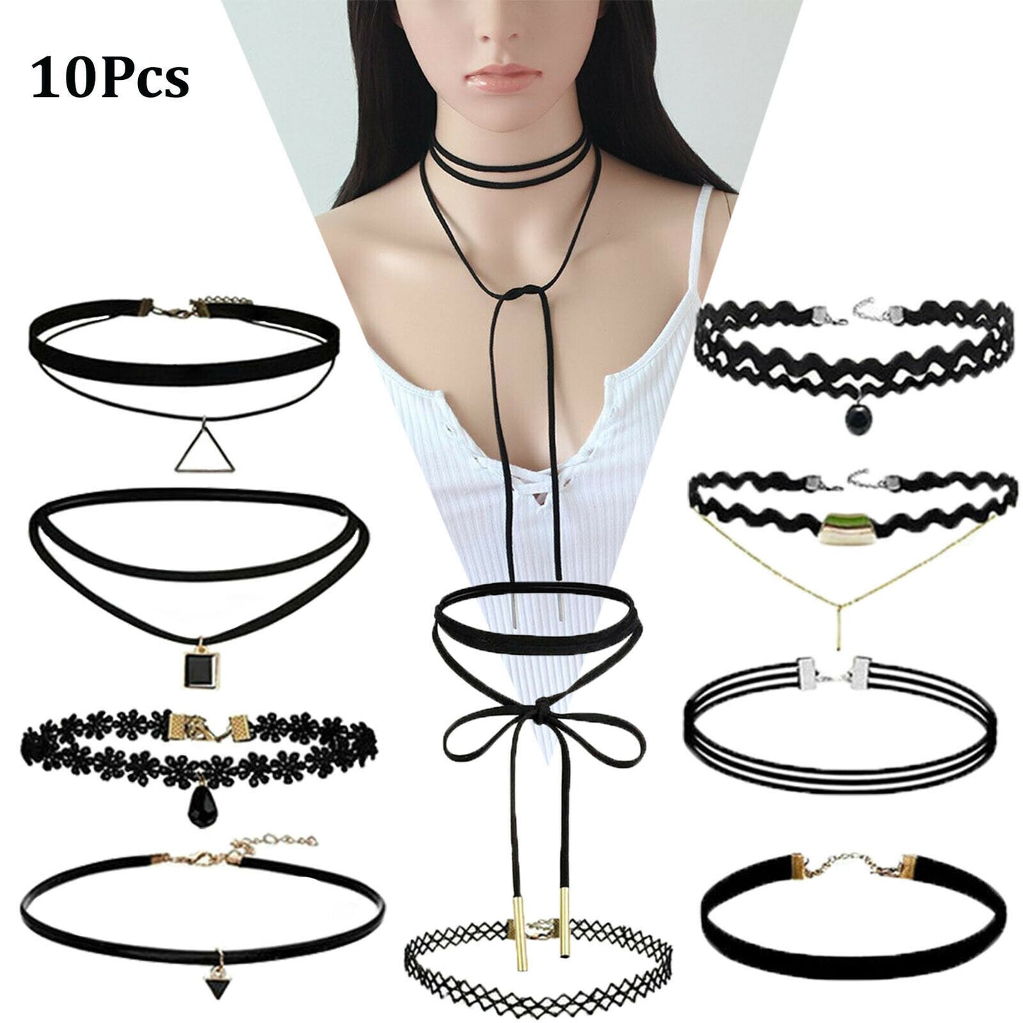 10 Pcs Black Choker Necklace Set Stretch Velvet Classic Gothic Tattoo Lace Retro